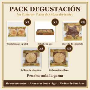 Contenido del Pack Degustación: 2 paquetes de tradicionales, 1 estuche, 2 estrella de chocolate, 2 rellenas de chocolate y 2 rellenas de avellana