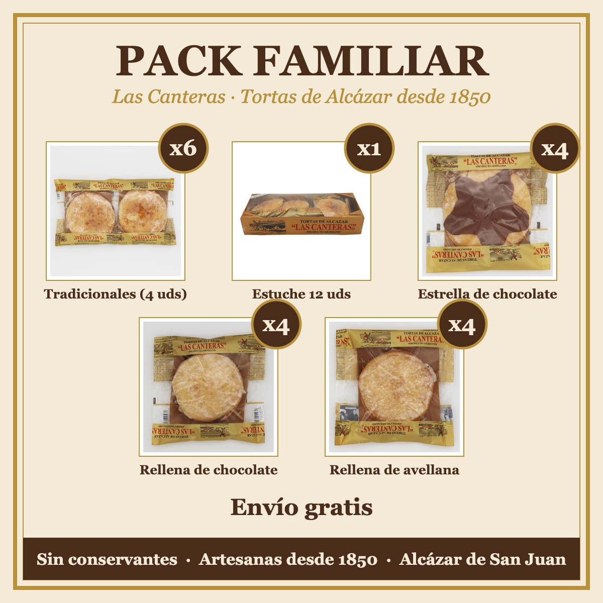 Contenido del Pack Familiar: 6 paquetes de tradicionales, 1 estuche, 4 estrella de chocolate, 4 rellenas de chocolate y 4 rellenas de avellana