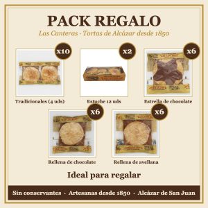 Contenido del Pack Regalo: 10 paquetes de tradicionales, 2 estuches, 6 estrella de chocolate, 6 rellenas de chocolate y 6 rellenas de avellana